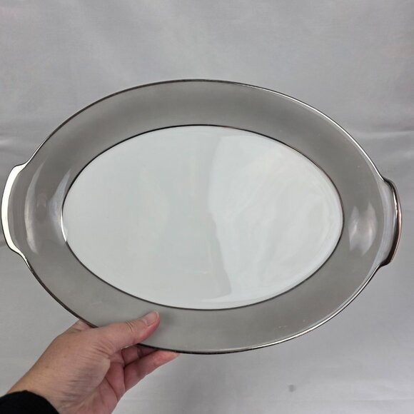 Sango Plantina Oval Serving Platter White with Gray Band & Platinum Trim - Picture 2 of 16